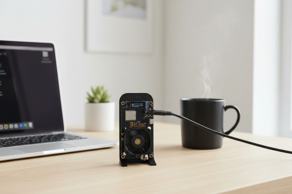 Bitaxe miner on a desk next to a laptop and coffee