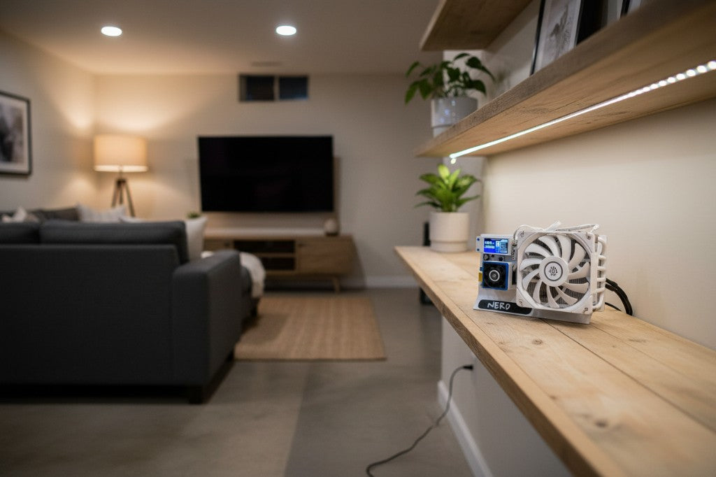 NerdQX miner on a living room shelf