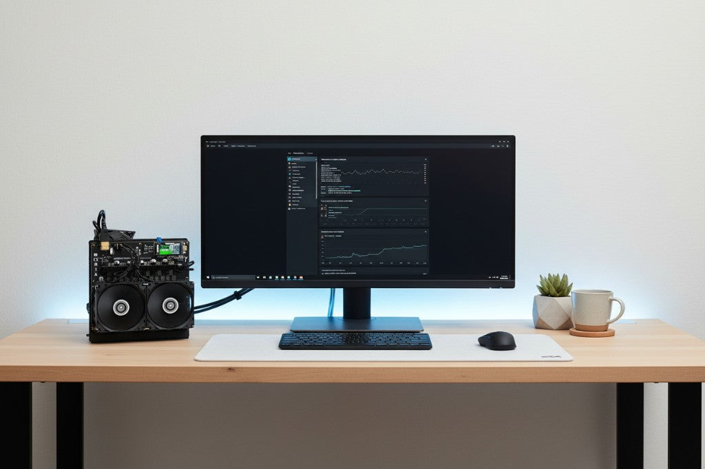 NerdOctaxe miner on a desk next to a monitor showing mining stats